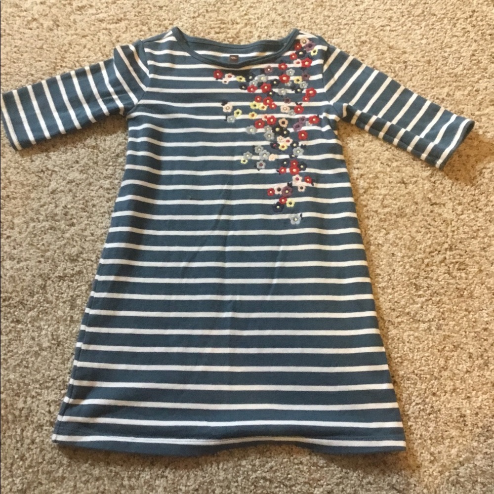 Tea Collection Striped Tunic A-line Dress with Embroidered Flowers